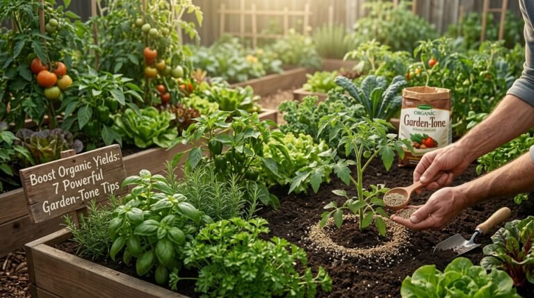 Boost Organic Yields: 7 Powerful Garden-Tone Tips Gardener applying measured Garden-Tone organic fertilizer around healthy vegetables in a productive raised garden bed.