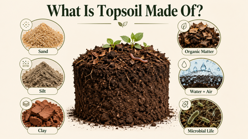 Bulk Soil & Topsoil: Uses, Types, Buying & Delivery Guide Topsoil composition showing soil, organic matter, and nutrients