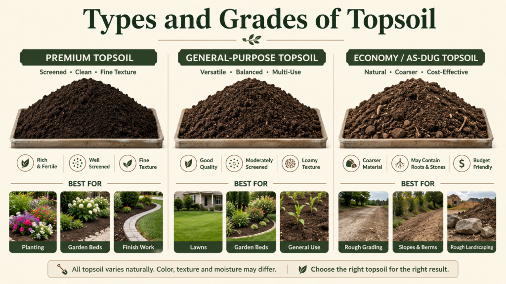 Bulk Soil & Topsoil: Uses, Types, Buying & Delivery Guide Different types and grades of topsoil for landscaping