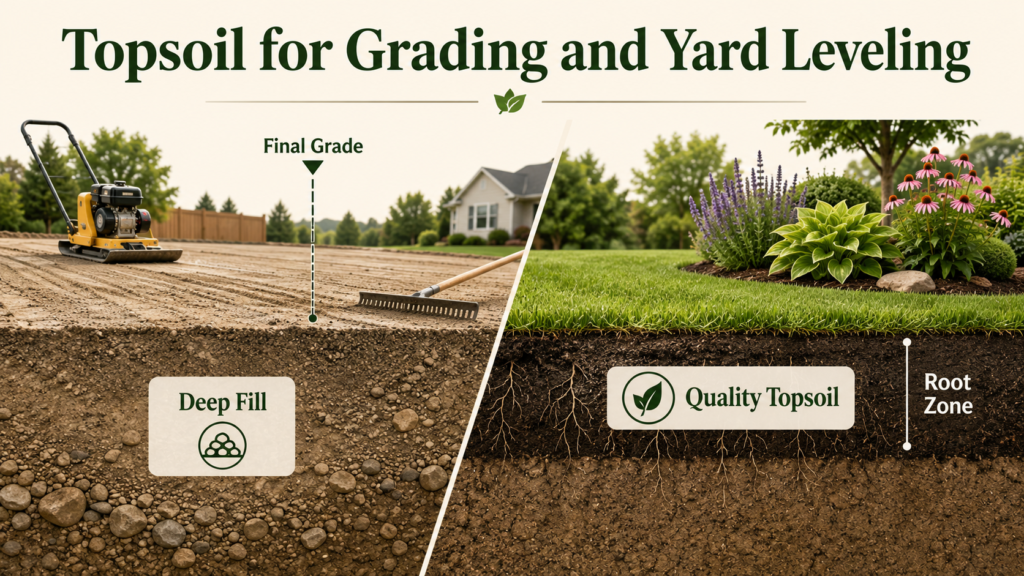 Bulk Soil & Topsoil: Uses, Types, Buying & Delivery Guide Topsoil being spread for yard grading and leveling