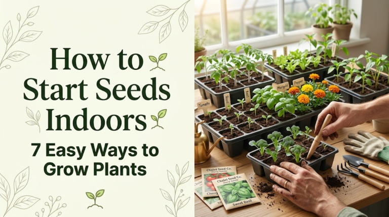 How to Start Seeds Indoors: 7 Easy Ways to Grow Plants How to start seeds indoors with healthy seedlings growing in seed trays and gardening tools.