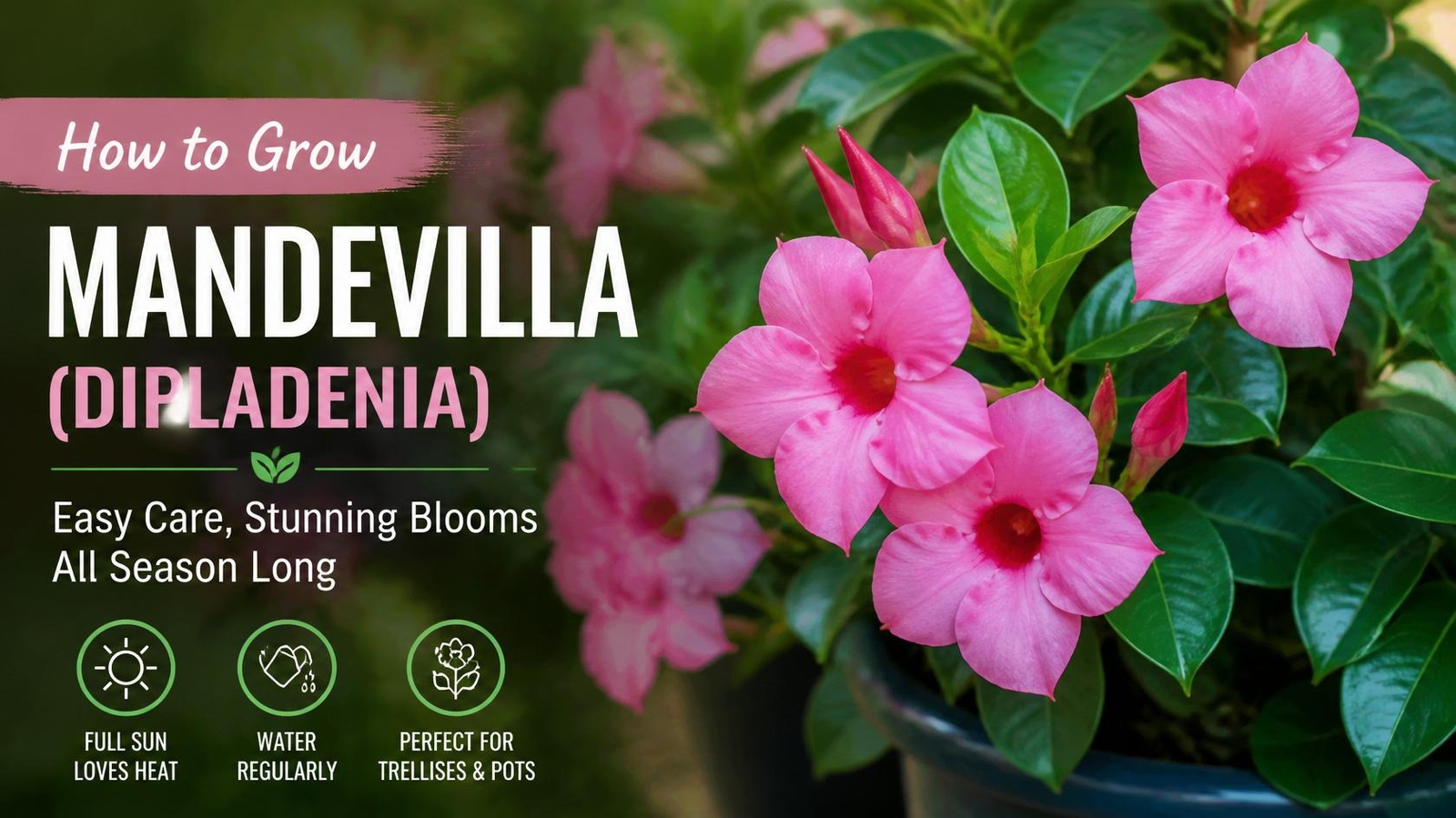 Vibrant mandevilla (dipladenia) flowering plant displayed in a lush garden care guide style image, highlighting complete plant care and growing instructions for healthy tropical blooms.