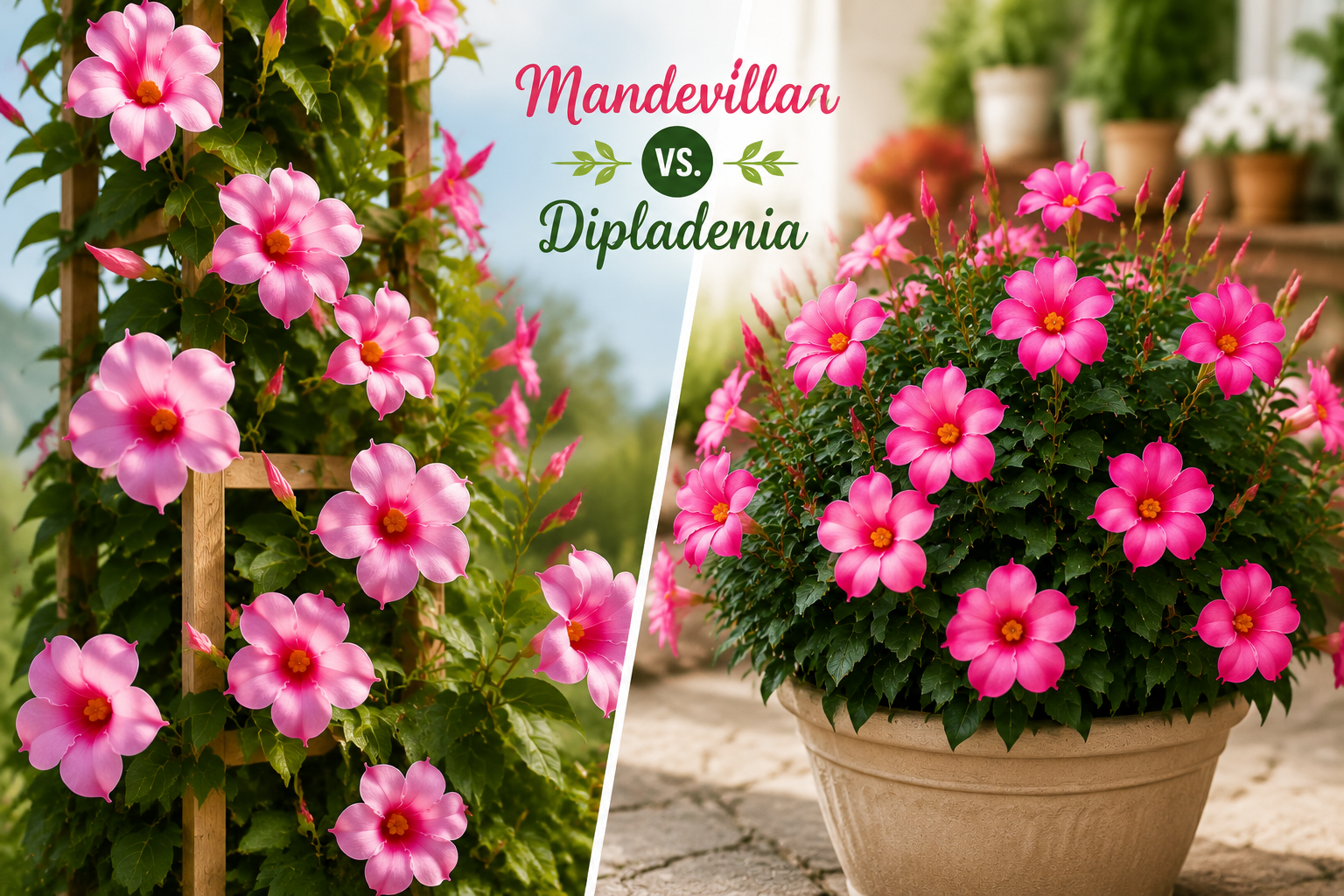 Side by side comparison of mandevilla climbing vine and dipladenia bush plant showing differences in growth habit and flower structure