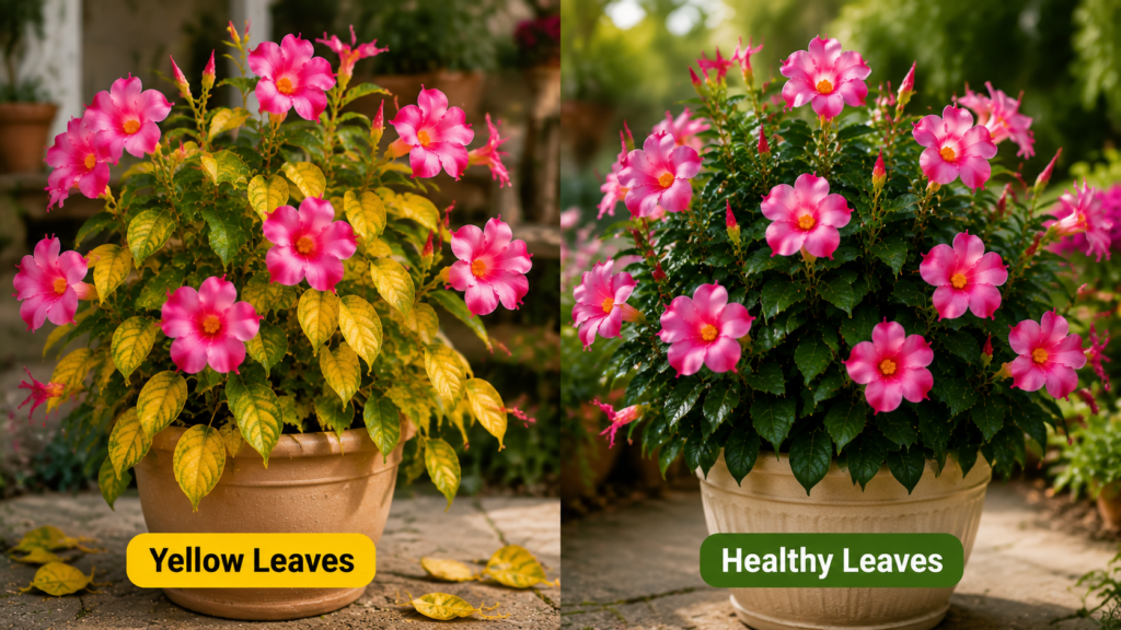 Mandevilla plant with yellow leaves caused by overwatering and cold stress compared with healthy green flowering plant