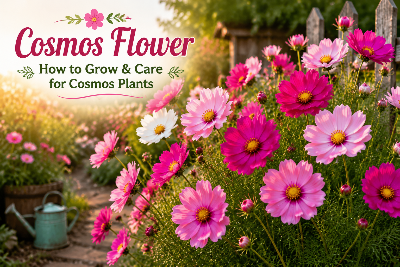 Cosmos Flower — How to Grow & Care for Cosmos Plants Vibrant cosmos flowers in a colorful garden-style cover image illustrating a complete growing and care guide for cosmos plants with pink and white blooms in a sunny outdoor setting.