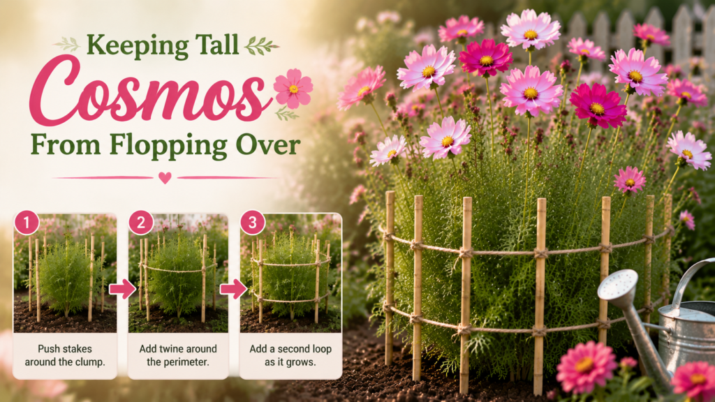 Cosmos Flower — How to Grow & Care for Cosmos Plants Tall cosmos flowers supported with bamboo stakes and twine corralling method in a cottage garden