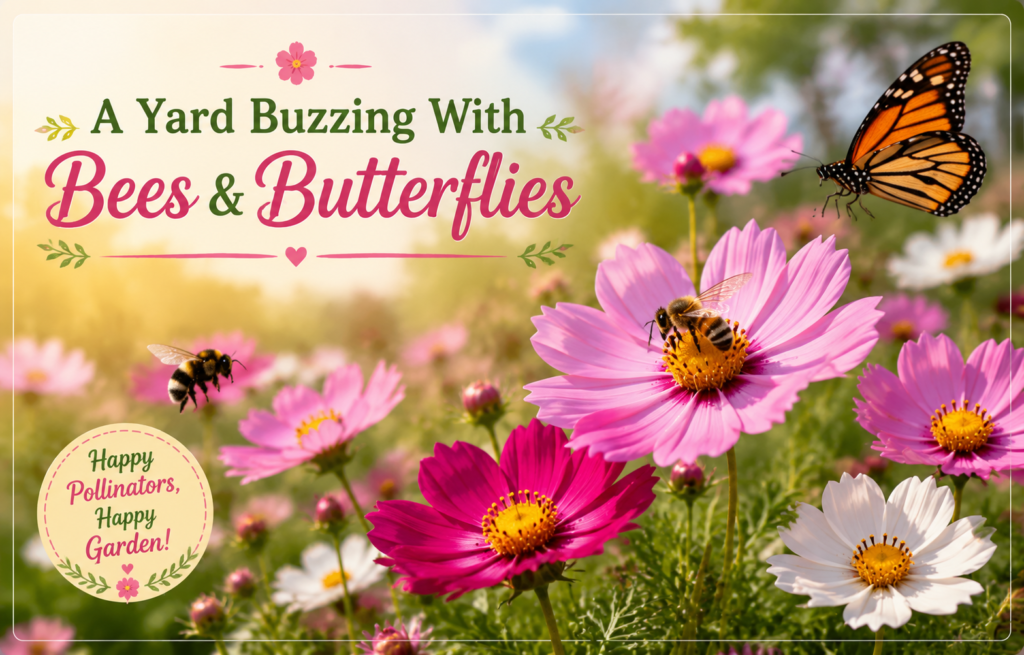 Cosmos Flower — How to Grow & Care for Cosmos Plants Cosmos flowers attracting bees butterflies and pollinators in a vibrant summer garden ecosystem