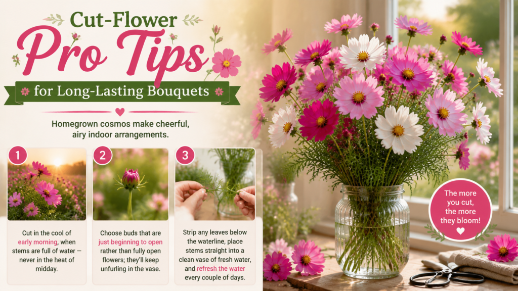 Cosmos Flower — How to Grow & Care for Cosmos Plants Freshly cut cosmos flowers arranged in a vase for indoor bouquet showing long lasting cut flower garden arrangement