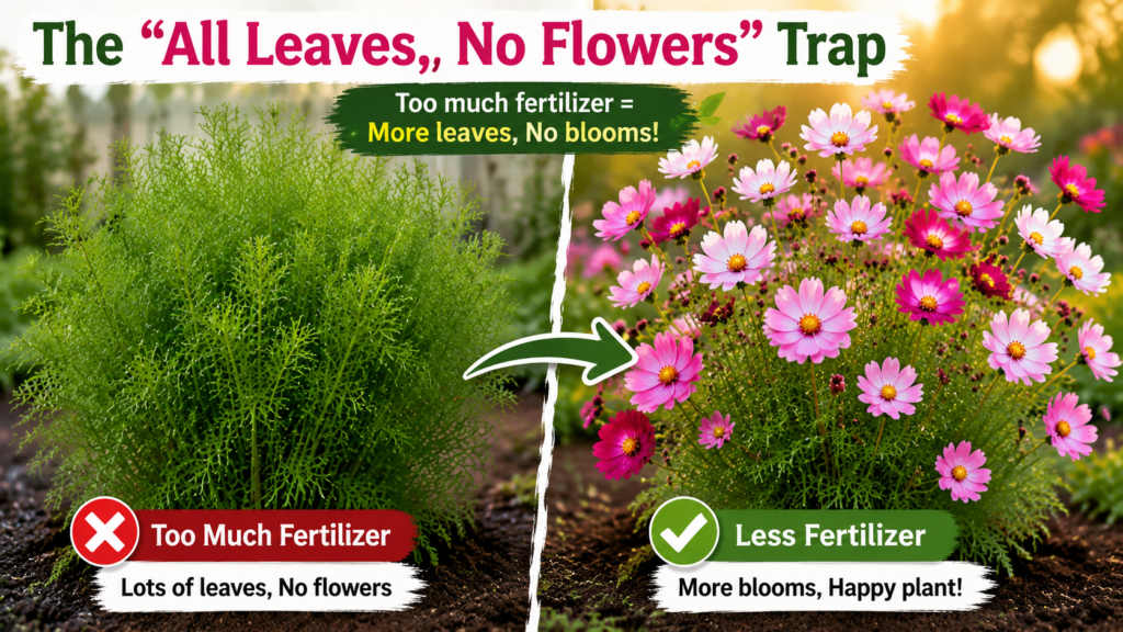 Cosmos Flower — How to Grow & Care for Cosmos Plants Cosmos plant with excessive leaf growth and no blooms caused by over fertilization in garden soil