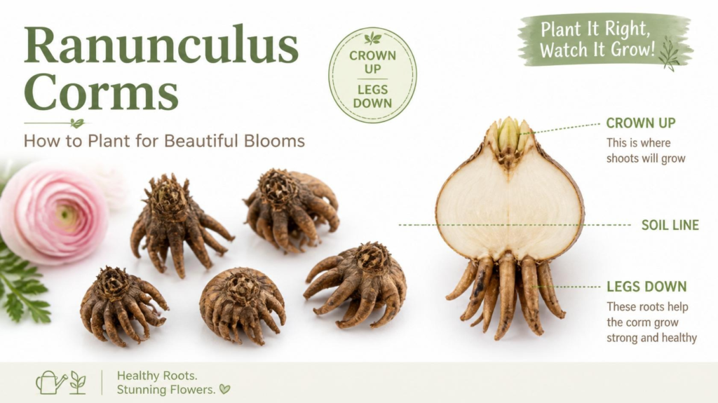 Ranunculus & Buttercup Flowers — How to Grow & Care Diagram showing how to plant a ranunculus corm with its claw-like octopus legs pointing down into the soil.