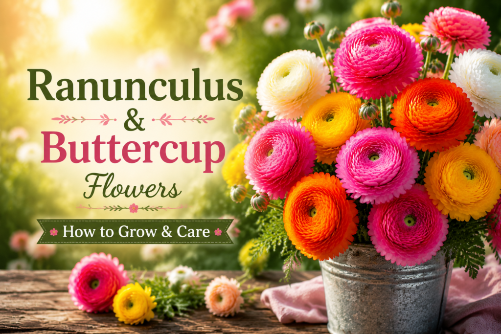 Ranunculus & Buttercup Flowers — How to Grow & Care A hand gently squeezing a closed, squishy ranunculus flower bud showing color at the marshmallow stage for harvesting.
