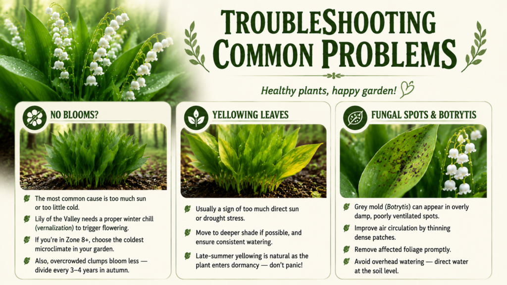 Lily of the Valley troubleshooting infographic showing common gardening problems including no blooms, yellowing leaves, and fungal spots with practical solutions for plant care and healthy spring growth.