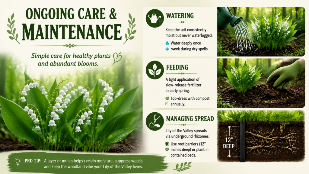Troubleshooting Common Problems” for Lily of the Valley, featuring three panels with images and headings for no blooms, yellowing leaves, and fungal spots with simple solution-focused visuals.