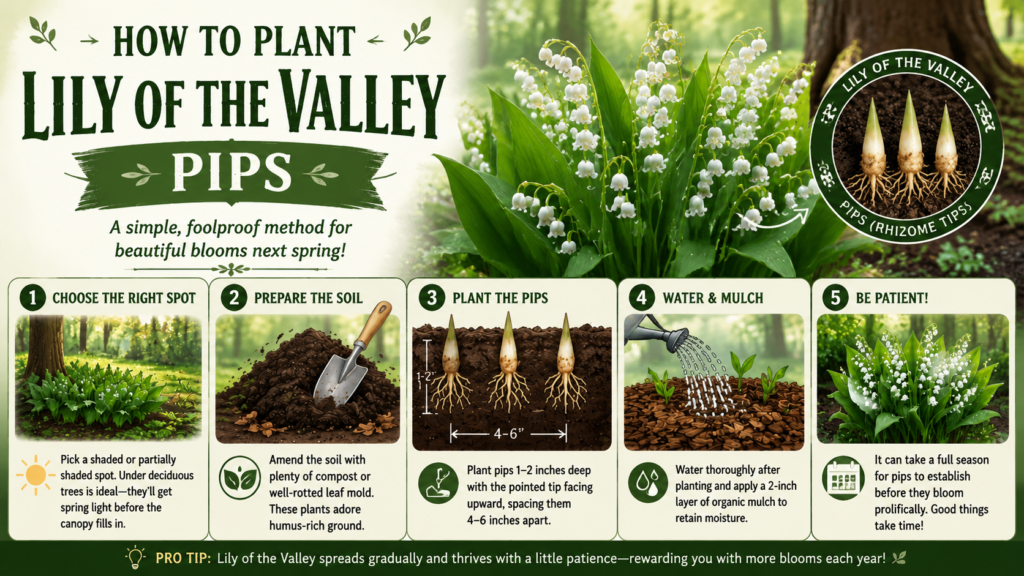 Troubleshooting Common Problems” for Lily of the Valley, showing three sections on no blooms, yellowing leaves, and fungal spots with brief solutions and plant images.
