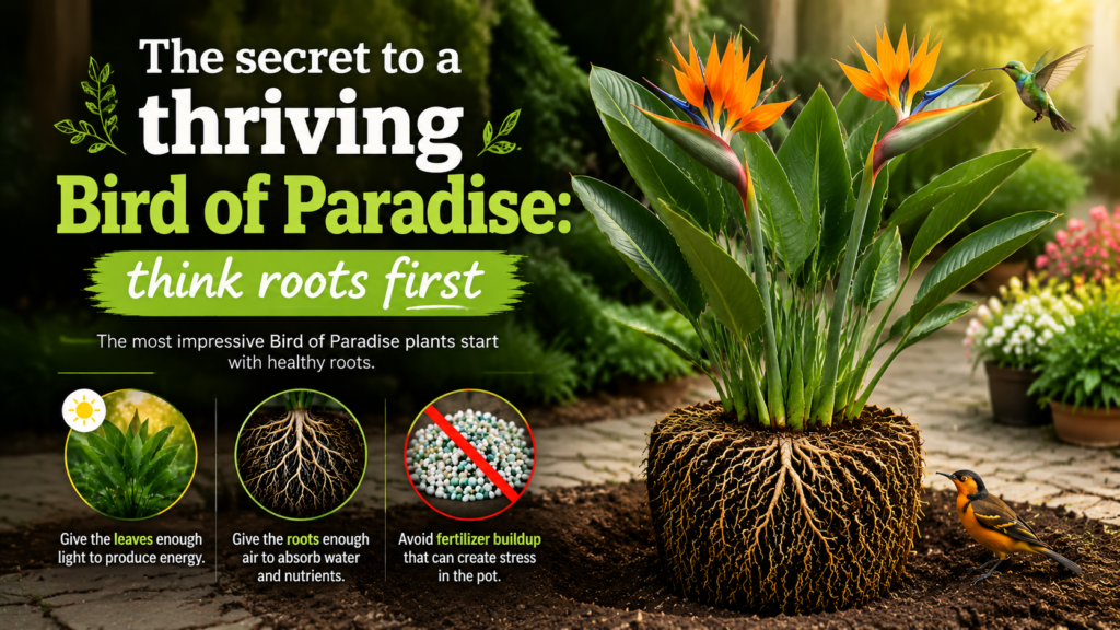 Bird of Paradise Plant – How to Grow, Care & Keep It Thriving “The Secret to a Thriving Bird of Paradise: Think Roots First,” showing a healthy tropical plant with visible root system and care tips for light, airflow, and avoiding fertilizer buildup for optimal growth.