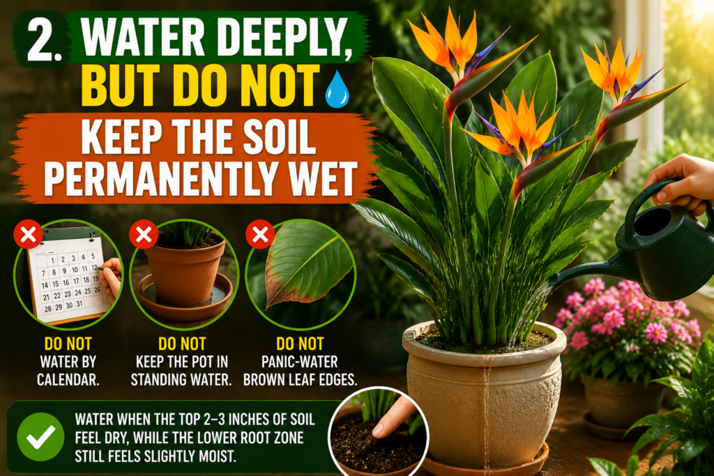 Bird of Paradise Plant – How to Grow, Care & Keep It Thriving Sunlit indoor garden featuring a healthy Bird of Paradise plant in a pot surrounded by colorful flowering houseplants, set in a bright greenhouse-style room with warm natural light and soft-focus greenery in the background.