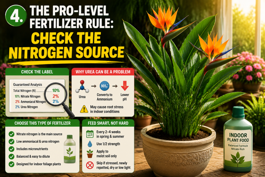 Bird of Paradise Plant – How to Grow, Care & Keep It Thriving Bird of Paradise fertilizer guide infographic showing a healthy indoor plant alongside visual explanations of nitrogen sources, fertilizer label analysis, and safe feeding practices for preventing root stress and promoting strong tropical plant growth.