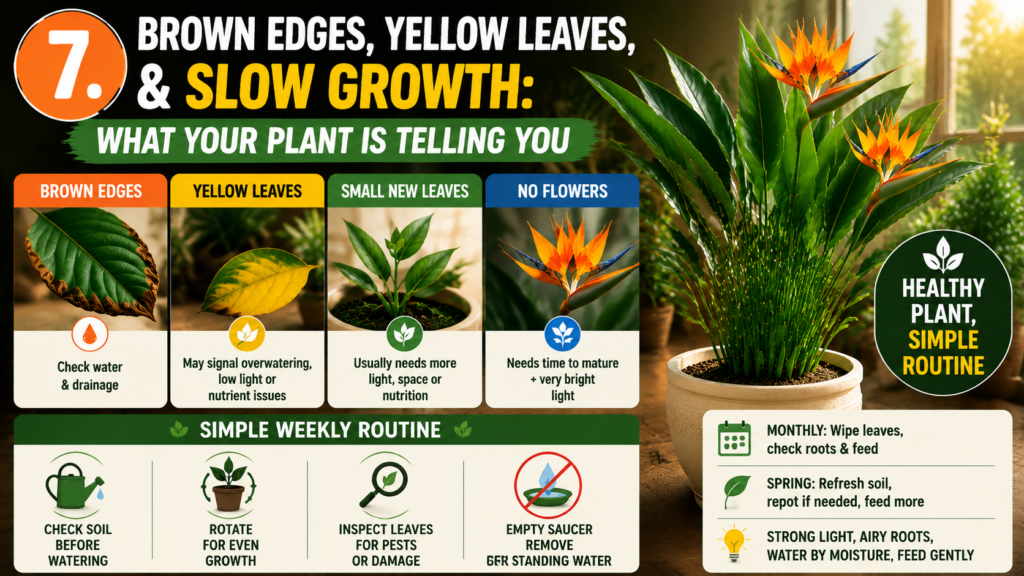 Bird of Paradise Plant – How to Grow, Care & Keep It Thriving Bird of Paradise plant care infographic showing common problems like brown edges, yellow leaves, and slow growth, with simple visual guidance panels and a healthy indoor plant in a decorative pot under warm natural light.