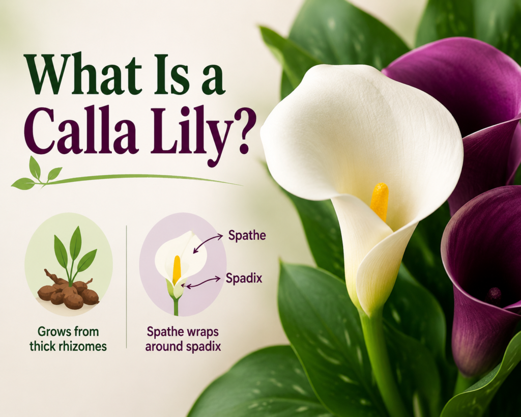 Calla Lily: How to Plant, Grow & Care for Calla Lilies Zantedeschia calla lily plant showing spathe and spadix flower structure in close-up view