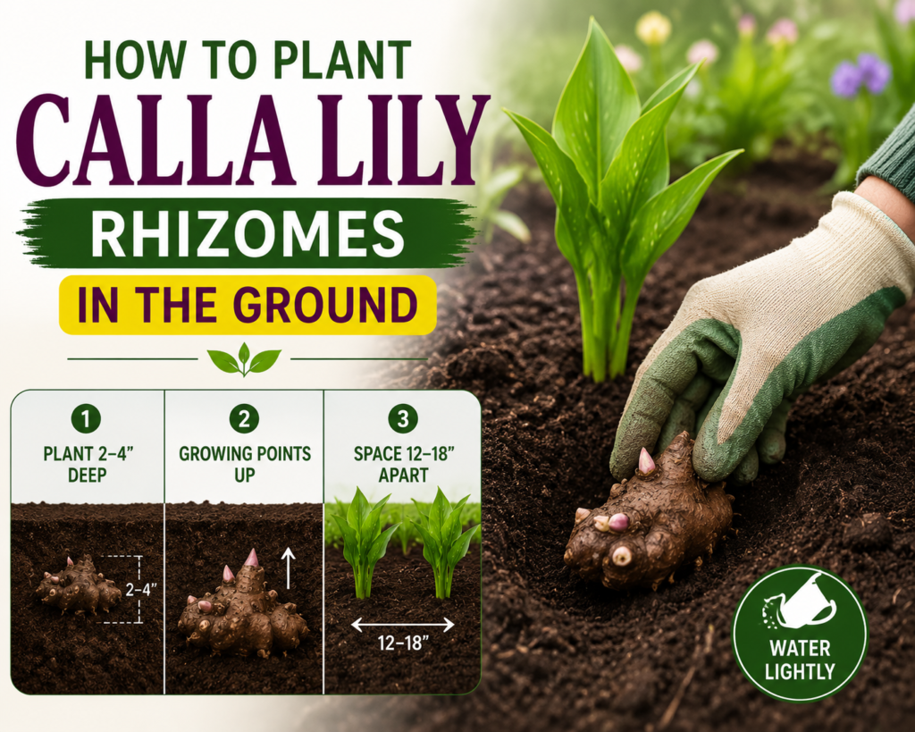 Calla Lily: How to Plant, Grow & Care for Calla Lilies Calla lily rhizomes planted 2 to 4 inches deep in soil with proper spacing between plants