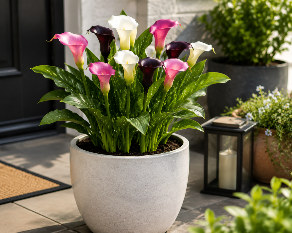 Calla Lily: How to Plant, Grow & Care for Calla Lilies Calla lily grown in ceramic pot placed on patio with healthy green leaves and blooms