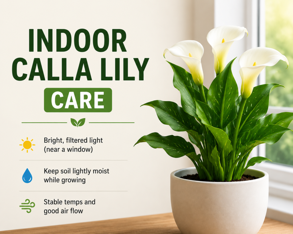 Calla Lily: How to Plant, Grow & Care for Calla Lilies Indoor calla lily placed near bright window with filtered sunlight in home environment