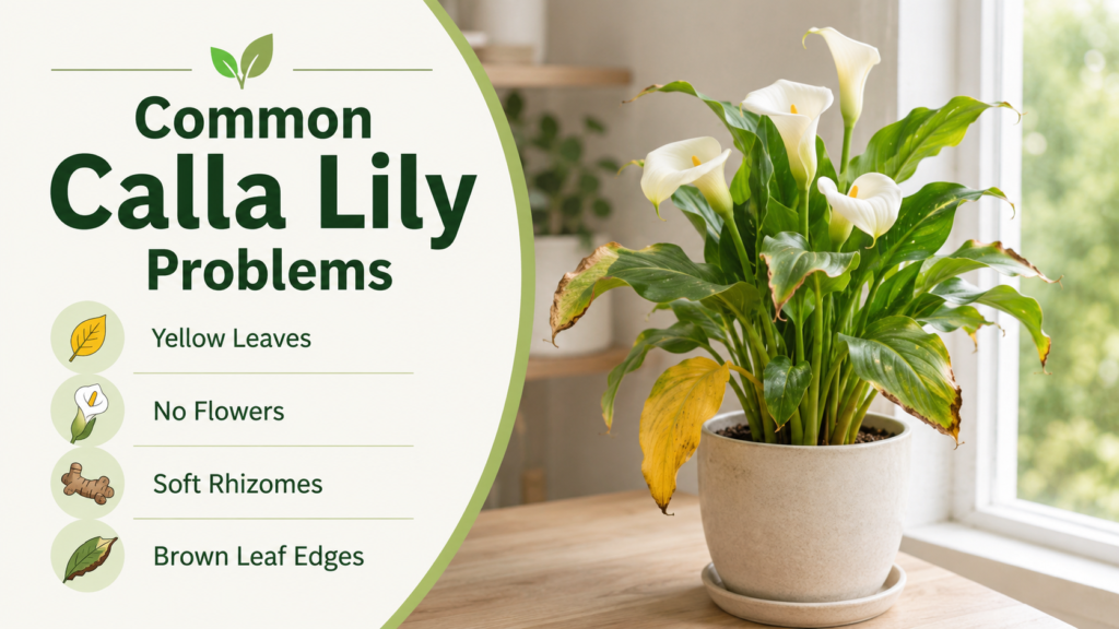 Calla Lily: How to Plant, Grow & Care for Calla Lilies Calla lily plant showing yellow leaves and brown edges caused by watering or light issues