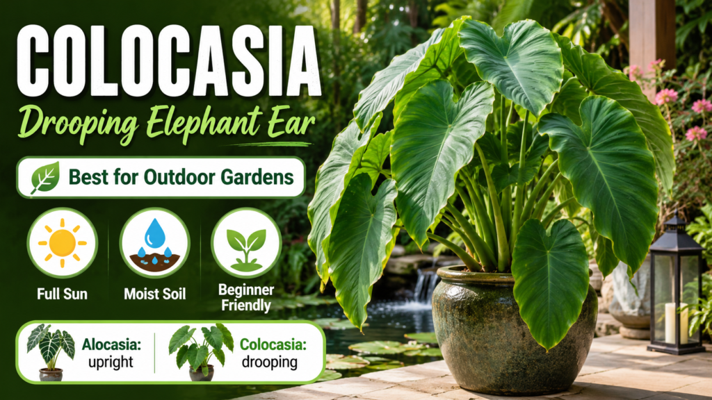 Elephant Ear Plant — How to Grow, Care & Choose the Right Variety Colocasia elephant ear plant with large drooping leaves growing in outdoor garden sunlight