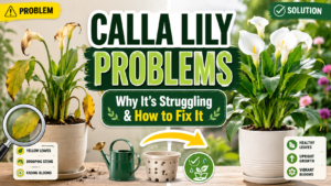 Calla lily plant with yellow leaves showing common calla lily problems and care guide for fixing drooping, rot, and no blooms
