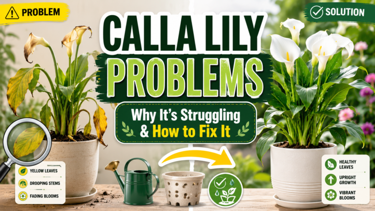 Calla Lily Problems — Why Your Calla Lily Is Struggling & How to Fix It Calla lily plant with yellow leaves showing common calla lily problems and care guide for fixing drooping, rot, and no blooms