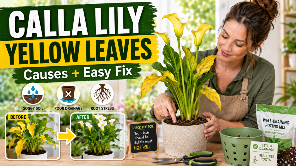Calla Lily Problems — Why Your Calla Lily Is Struggling & How to Fix It Calla lily yellow leaves caused by overwatering or poor drainage with plant care tips for recovery