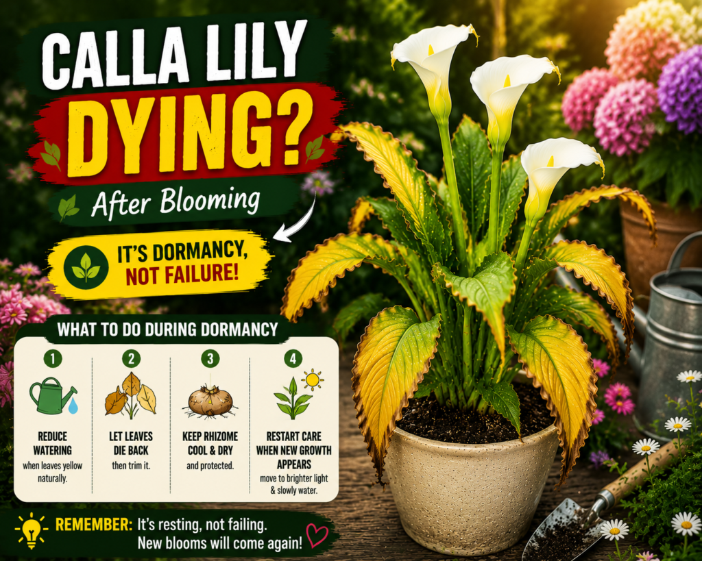 Calla Lily Problems — Why Your Calla Lily Is Struggling & How to Fix It Calla lily entering dormancy after blooming with yellowing leaves and resting rhizome underground