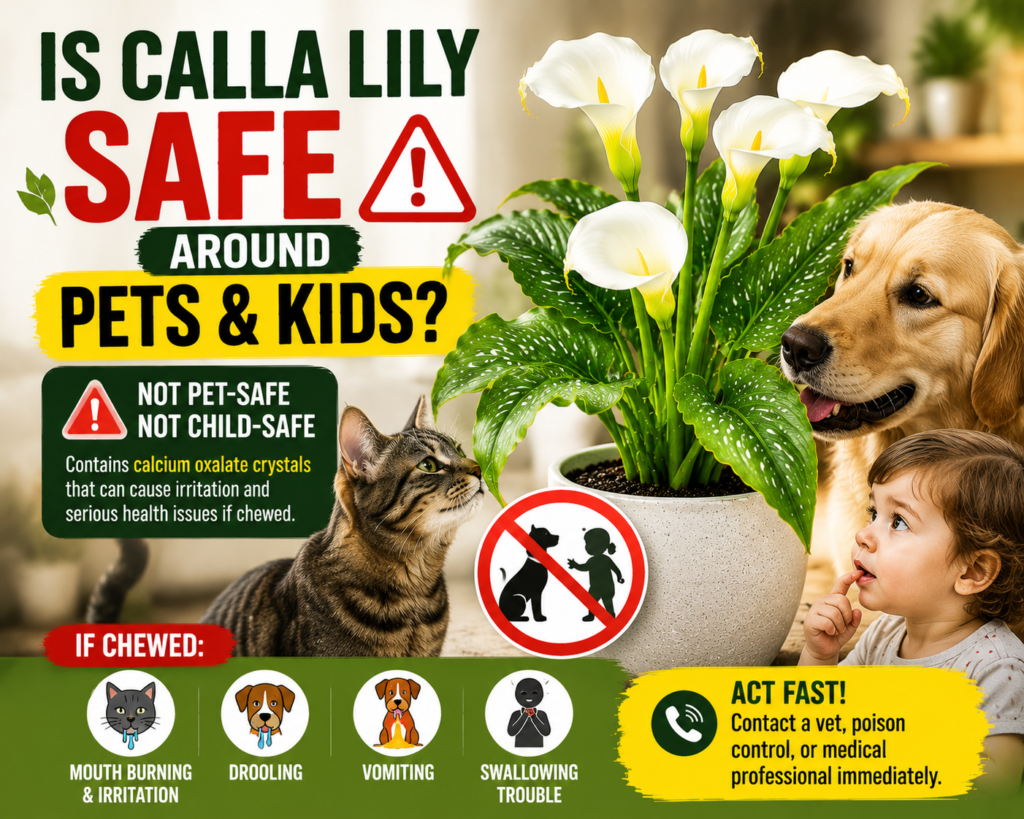 Calla Lily Problems — Why Your Calla Lily Is Struggling & How to Fix It Calla lily plant toxic to pets and children containing calcium oxalate crystals warning for cats dogs and kids safety