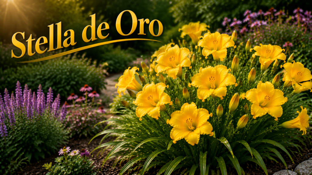 Stella de Oro daylily with golden yellow blooms in a sunny garden.
