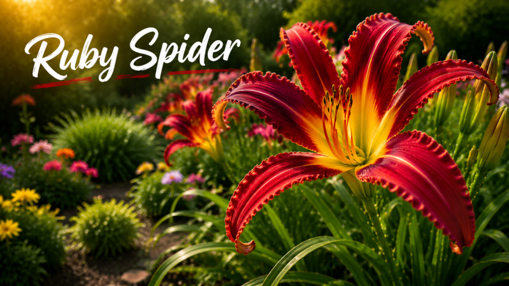 Ruby Spider daylily with large deep red spider-shaped flowers.