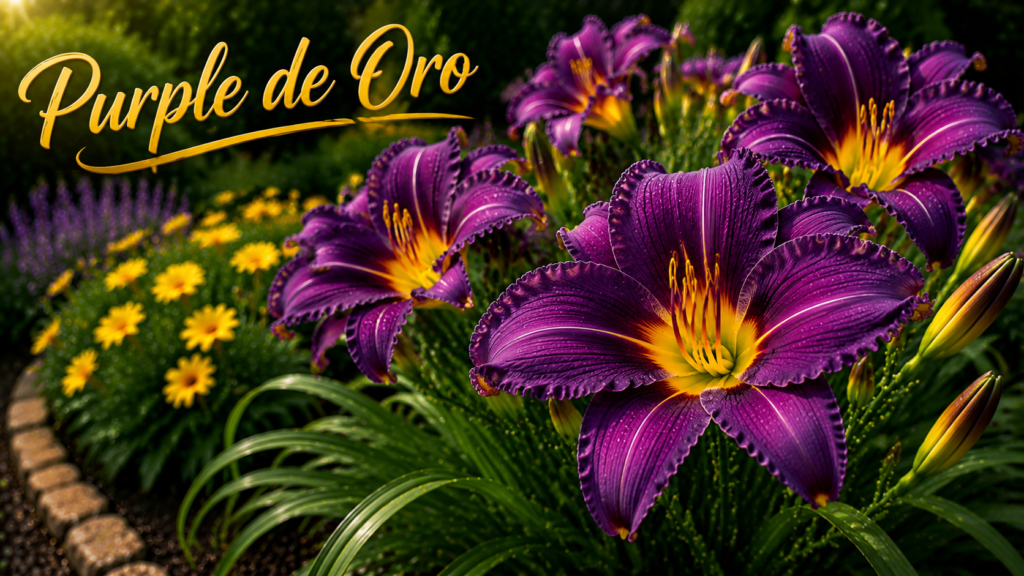 Purple de Oro daylily with vivid purple petals and green foliage.