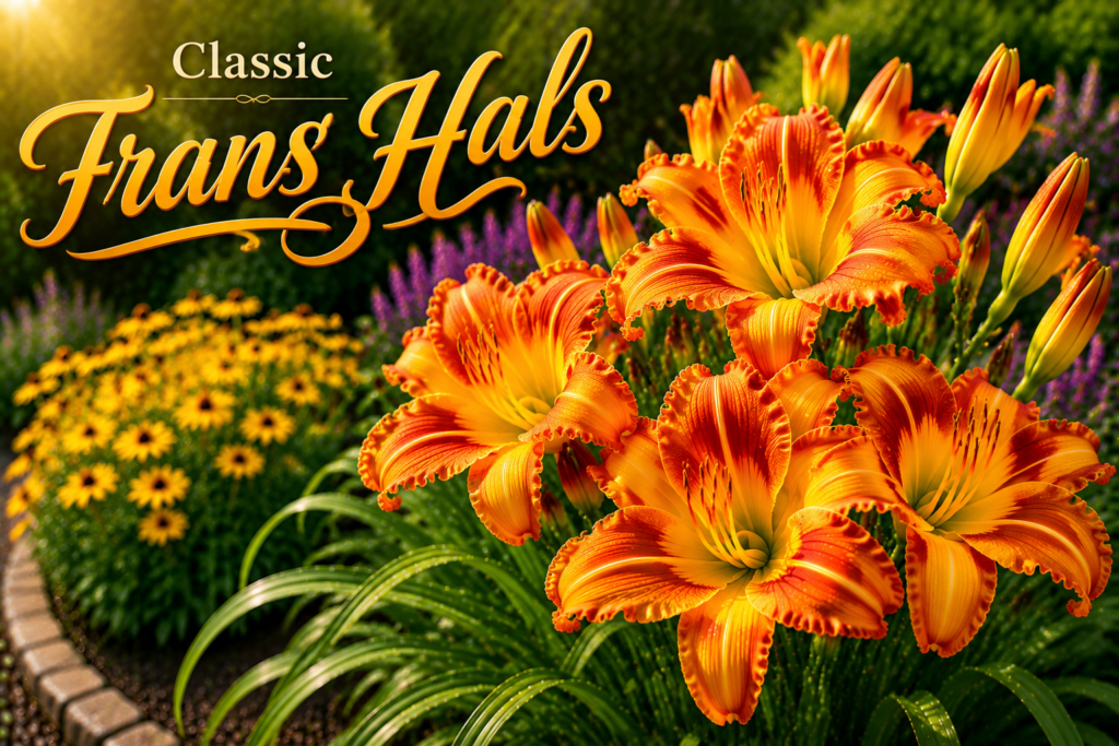 Frans Hals daylily with orange and golden yellow bicolor petals.