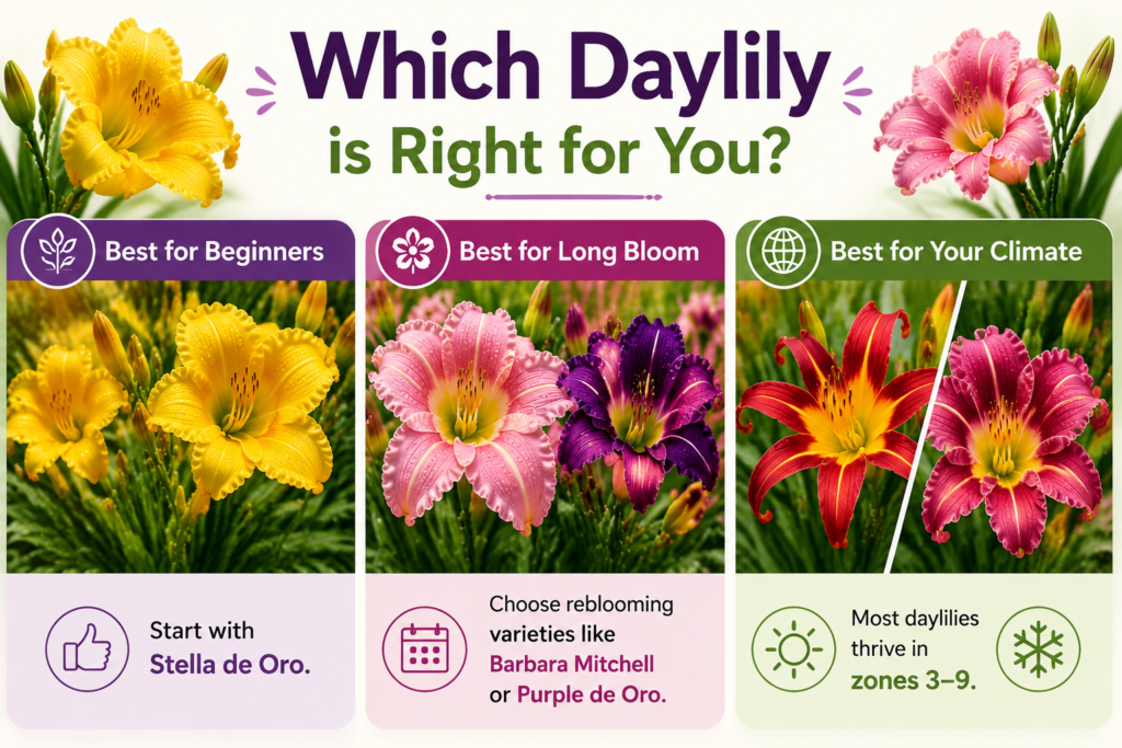 Reblooming daylilies producing fresh summer flowers in a garden bed .Heat-tolerant daylilies blooming in full sun.
