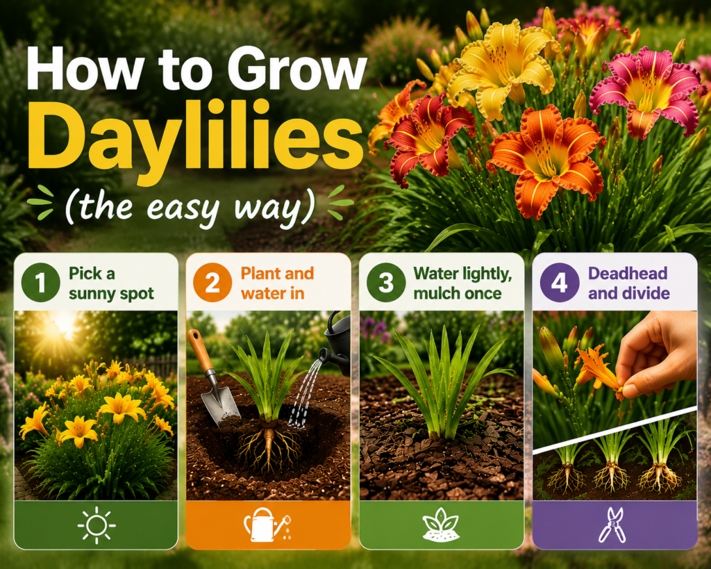 Gardener planting daylily roots in well-drained soil.