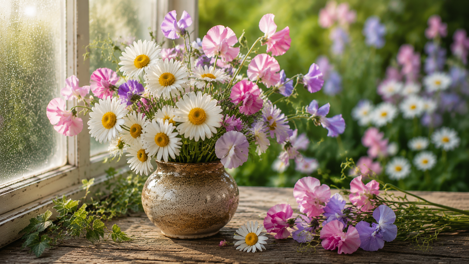 Daisy and sweet pea flowers — April birth flowers