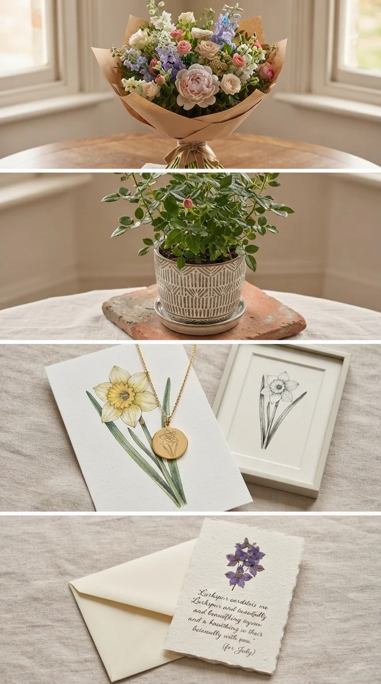 A personalised birth flower gift arrangement with botanical card