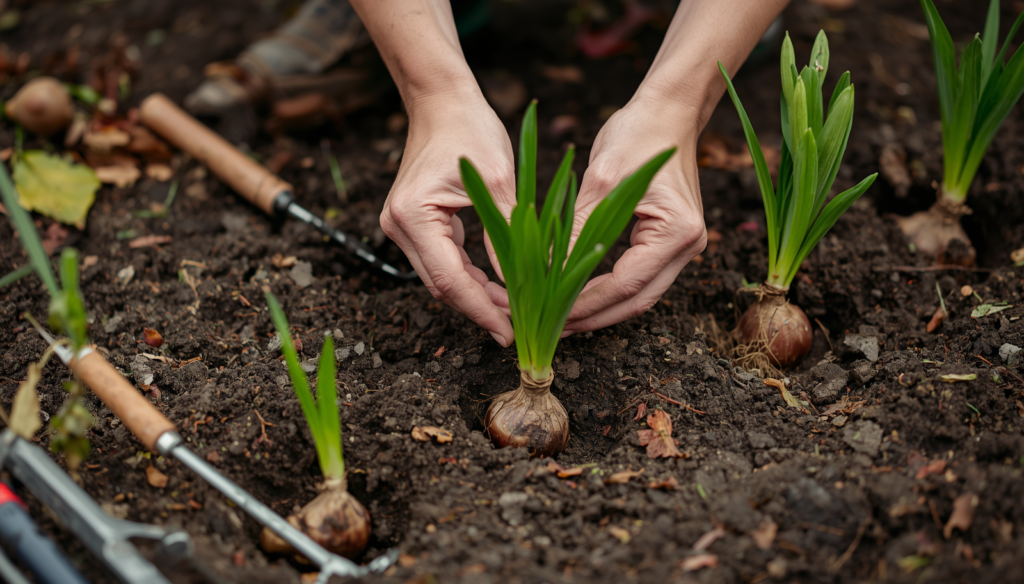 Lily Bulbs: How to Plant & Care for Asiatic & Oriental Lilies Demonstration of planting a lily bulb pointy-side up in soil at a depth of six inches.