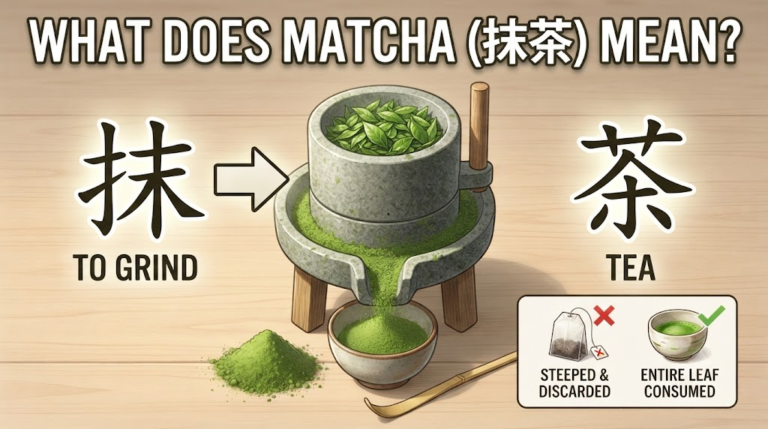 Traditional bowl of ceremonial matcha tea with bamboo whisk illustrating the meaning of matcha in Japanese.