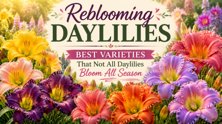 Reblooming Daylilies — Best Varieties That Not All Daylilies Bloom All Season A vibrant garden border filled with multiple varieties of blooming daylilies in full summer sun.