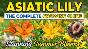 Bright and colorful Asiatic lilies blooming in a summer garden with bold title text highlighting a complete growing guide, planting depth, spacing, and care tips for healthy blooms.