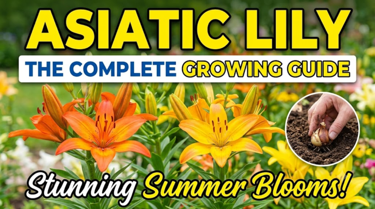 Asiatic Lily — The Complete Growing Guide for Stunning Summer Blooms Bright and colorful Asiatic lilies blooming in a summer garden with bold title text highlighting a complete growing guide, planting depth, spacing, and care tips for healthy blooms.