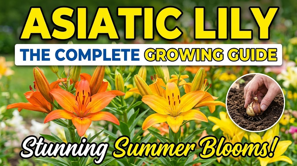 Asiatic Lily — The Complete Growing Guide for Stunning Summer Blooms Bright and colorful Asiatic lilies blooming in a summer garden with bold title text highlighting a complete growing guide, planting depth, spacing, and care tips for healthy blooms.