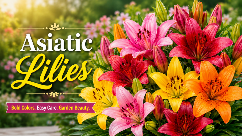 Lily Bulbs: How to Plant & Care for Asiatic & Oriental Lilies Close-up of bright orange and yellow Asiatic lily flowers blooming in full sun.