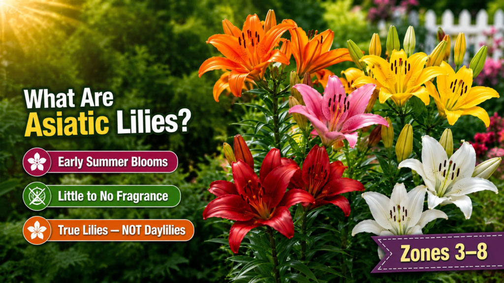 Asiatic Lily — The Complete Growing Guide for Stunning Summer Blooms Colorful Asiatic lilies blooming in summer garden with guide text about planting, care, and growing zones 3–8