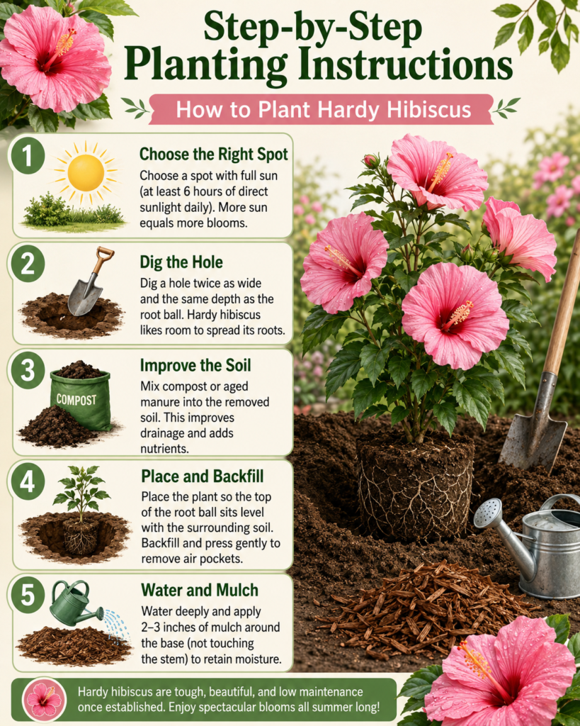 How To Plant, Grow & Care For Hardy Hibiscus Step by step planting hardy hibiscus in garden soil with shovel, compost and watering care guide